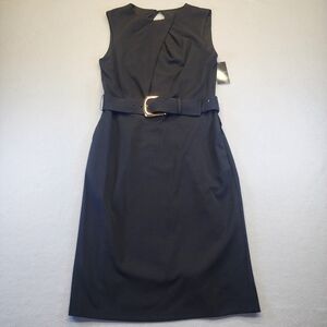 Tahari ASL NWT Black Sleeveless Belted Sheath Dress Midi Career Cocktail Size 8